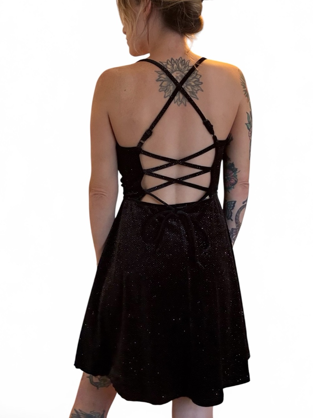 Y2K Love Squared Black Sparkle Crisscross Back Dress